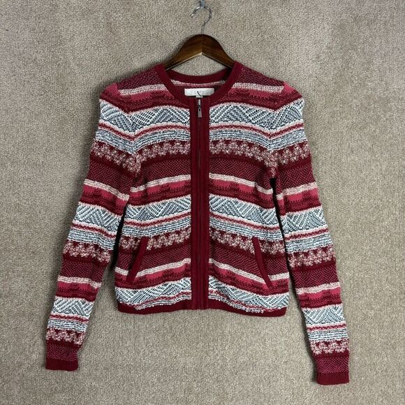 Ann Taylor Loft Cardigan Sweater Womens Size XS Red Multi Striped Full‎ Zip Knit - Picture 1 of 10